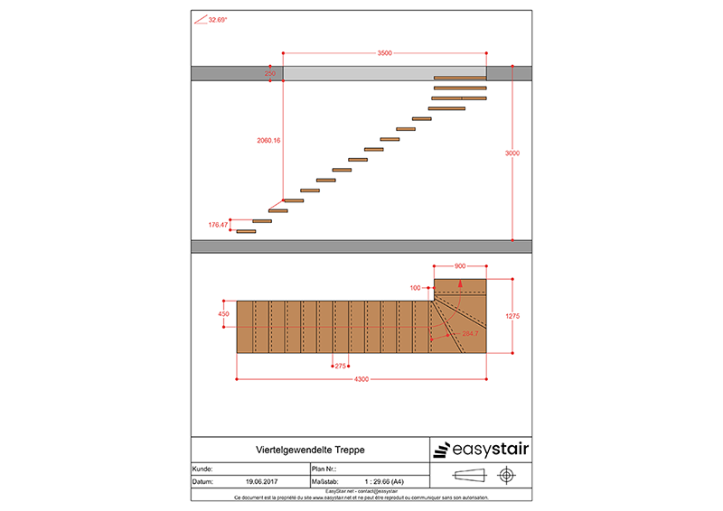 Plan viertelgewendelte Treppe
